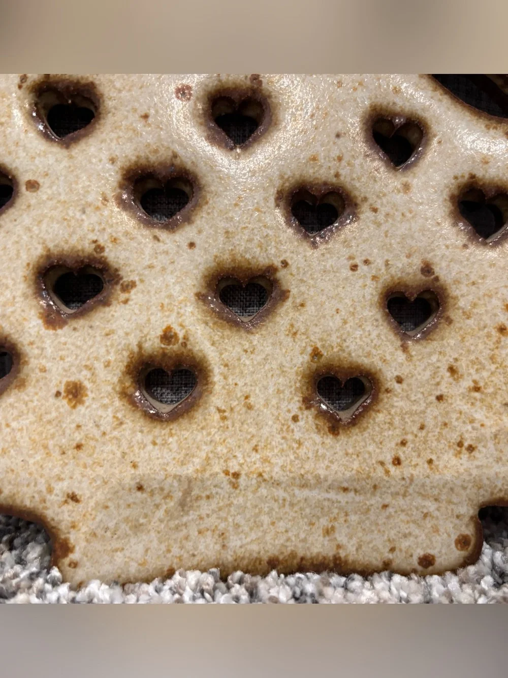 Vintage Stoneware Rabbit Trivet w/Speckled Glaze & Cut-Out Heart Shapes